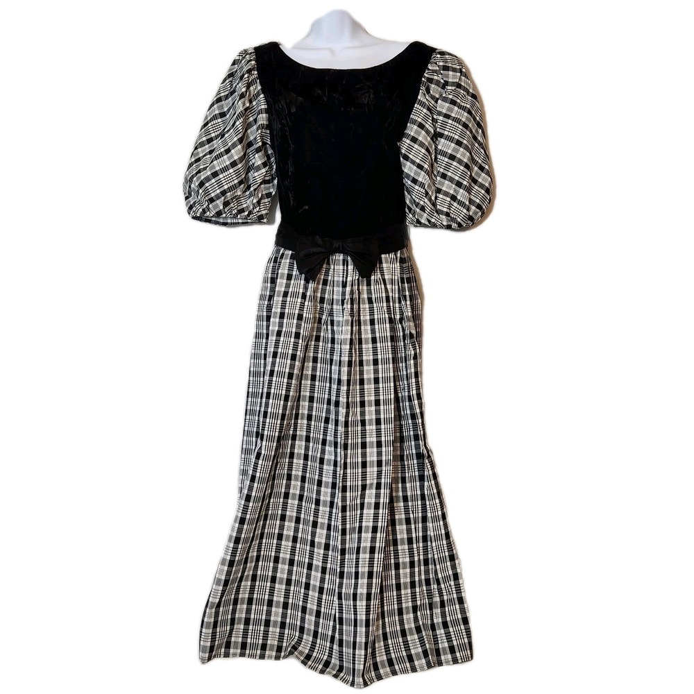 Vintage Lanz Originals Black Plaid Velvet Prairie Dress M Cottagecore Bow Puff